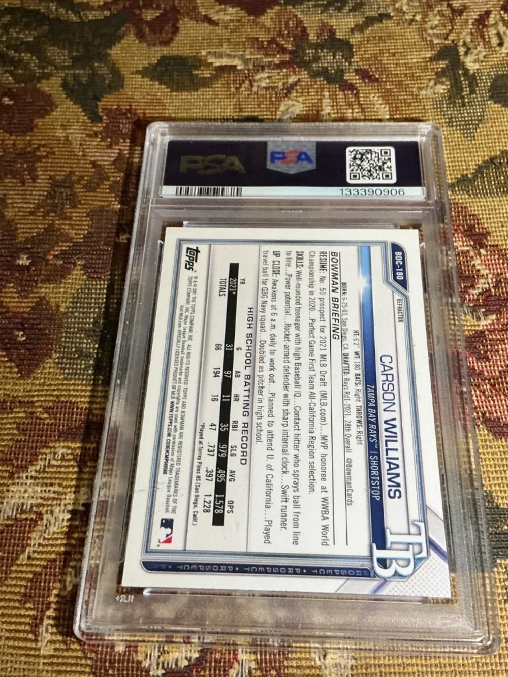 2021 BOWMAN DRAFT CHROME-REFRACTOR #BDC180 CARSON WILLIAMS Rookie Graded PSA 9